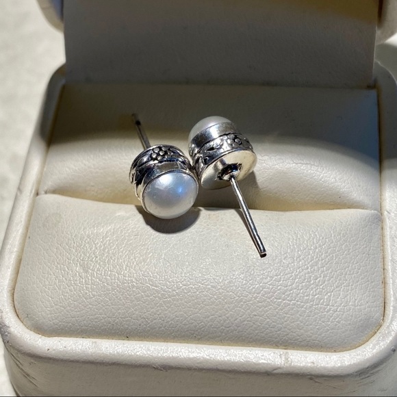 Sterling Silver Faux Pearls Stud Earrings - Picture 3 of 4